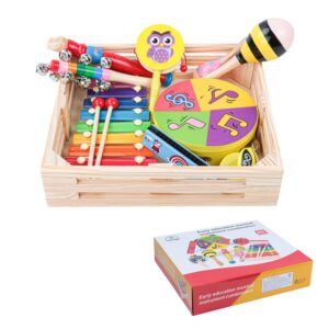 Set 9  Instrumente Muzicale din Lemn pentru Copii Stuniko® - "Orchestra Vesela", Montessori, Educativ si Interactiv, Multicolor, 3 ani+