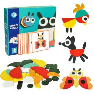 Puzzle Tangram Montessori 'Lumea Animalelor' Stuniko® Set Creativ cu 29 Piese Lemn, Joc Educativ de Forme și Culori, 3 ani+