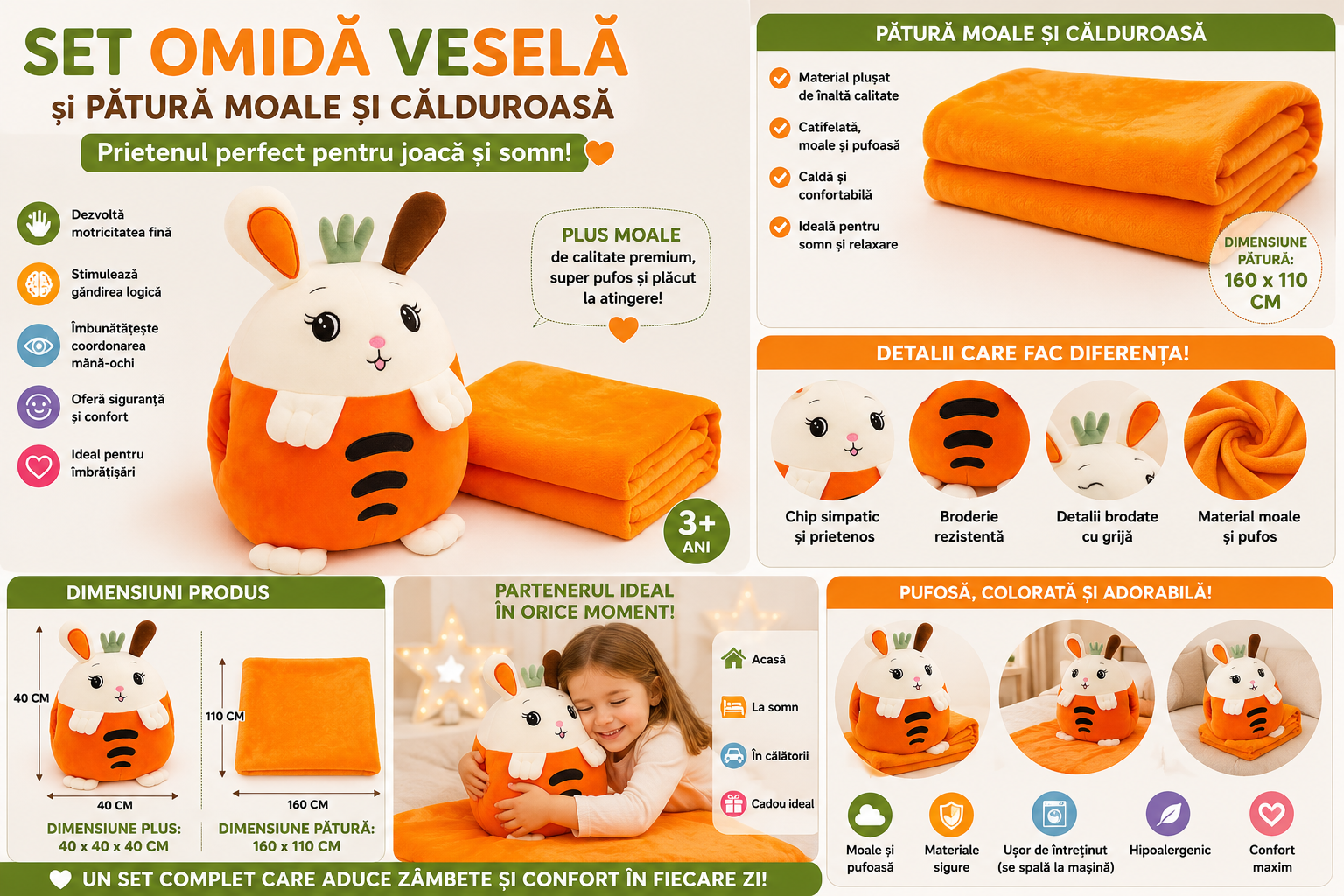 Jucarie de plus multifunctionala in forma de Morcov pentru copii, Dimensiune 40 cm, Paturica pufoasa - dimensiune 160 x 100 cm si buzunare pentru maini, Portocaliu, 3 ani+ - imagine 3