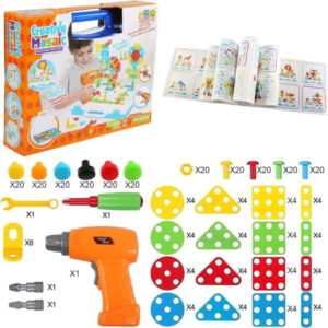 Joc Montessori Mozaic cu Bormașină Electrică, 237 Piese, Puzzle Creativ de Construcție, Joc STEM Educativ, Dezvoltă Motricitatea și Creativitatea, 3+ Ani
