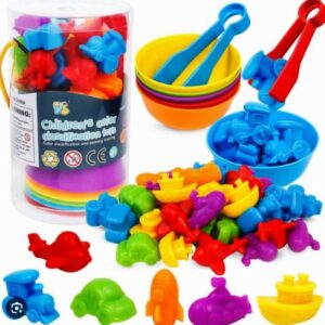 Joc Montessori de Sortare și Clasificare pe Culori cu Pensete – 36 Figurine Mijloace de Transport, 6 Boluri Colorate, Dezvoltă Motricitatea Fină, Numărarea și Logica, 3+ Ani