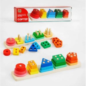 Joc Educativ Montessori din Lemn pentru Copii Stuniko®, Sortare Forme Geometrice cu 5 Coloane, Invatare Culori si Figuri, Dezvolta Motricitatea si Logica, Multicolor, 15 piese, 3 ani+