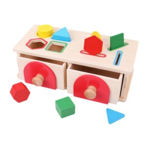 Jucarie Educativa Montessori din Lemn, Sortator de Forme Geometrice cu 2 Sertare pentru Depozitare, Joc Educativ Dezvoltare Motricitate Fina si Logica, Multicolor, 3 ani+