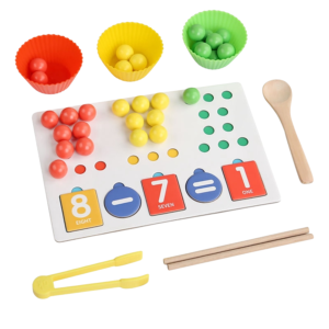 Joc Matematic Montessori 3 in 1 Stuniko®, Placa de Numarat si Sortat cu Bile Colorate, Operatii Aritmetice, Dezvoltare Motricitate Fina, Accesorii Lemn, Educativ si Senzorial, 3 ani+