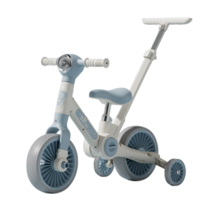 Bicicleta multifunctionala 3 in 1 pentru copii Stuniko® Maner pentru Impins, Lumini si Muzica, Roti Ajutatoare Detasabile, Pliabila, Albastru, 18 luni+