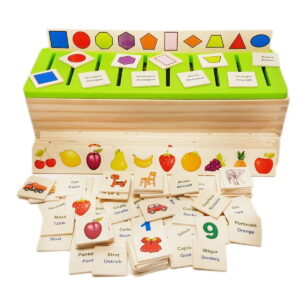 Joc Educativ Montessori de Sortare si Clasificare in  Limba Romana si Engleza, Stuniko® 80 de Carduri, Lemn, , Cutie Depozitare, Dezvoltare Cognitiva si Motricitate, Multicolor, 3 ani+