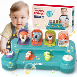 Jucarie Interactiva pentru Bebelusi, Centru de Activitati Cauza-Efect cu Animale Stuniko®Pop-Up, Dezvoltare Senzoriala si Motricitate Fina, Educativa Montessori, Multicolor, Varsta 12 Luni