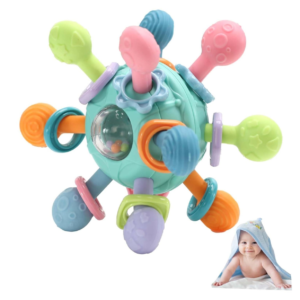 Jucarie Senzoriala Bebelusi Montessori, Stuniko® Mingea cu Activități, Zornăitoare, Jucărie Dentitie Silicon, Dezvoltare Motricitate Fină, Fără BPA, 10.5 cm, Verde
