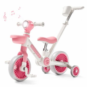 Bicicleta multifunctionala 3 in 1 pentru copii Stuniko® Maner pentru Impins, Lumini si Muzica, Roti Ajutatoare Detasabile, Pliabila, Roz, 18 luni+