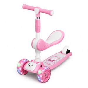 Trotineta 2 in 1  cu Scaun Pliabil pentru Copii Stuniko® Vehicul Fara Pedale, Ghidon Reglabil, 3 Roti cu Lumini LED, Design Iepuras, pentru Coordonare si Echilibru, Roz, 2 ani+