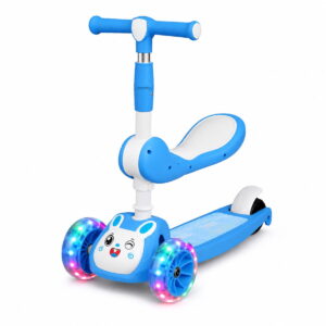 Trotineta 2 in 1  cu Scaun Pliabil pentru Copii Stuniko® Vehicul Fara Pedale, Ghidon Reglabil, 3 Roti cu Lumini LED, Design Iepuras, pentru Coordonare si Echilibru, Albastru, 2 ani+