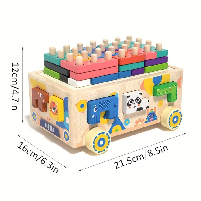 Jucărie Montessori Multifuncțională din Lemn 6 în 1 – Masinuta Educativa cu Puzzle Tetris, Sortator Forme și Animale, Joc de Stivuire, Cartonașe Provocare, Dezvoltare Motricitate și Logică, 3+ An - imagine 10