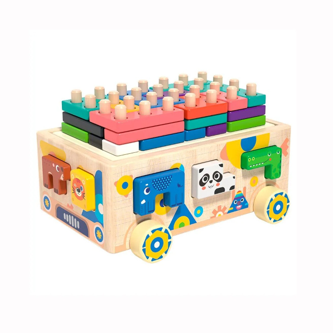 Jucărie Montessori Multifuncțională din Lemn 6 în 1 – Masinuta Educativa cu Puzzle Tetris, Sortator Forme și Animale, Joc de Stivuire, Cartonașe Provocare, Dezvoltare Motricitate și Logică, 3+ An - imagine 9