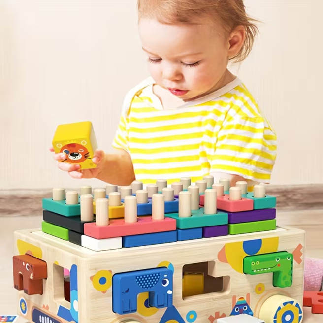Jucărie Montessori Multifuncțională din Lemn 6 în 1 – Masinuta Educativa cu Puzzle Tetris, Sortator Forme și Animale, Joc de Stivuire, Cartonașe Provocare, Dezvoltare Motricitate și Logică, 3+ An - imagine 3