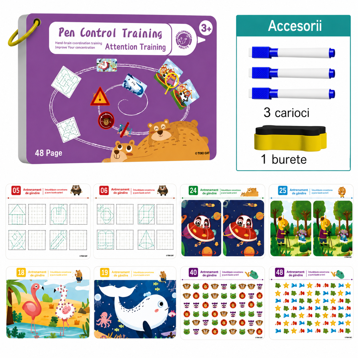 Caiet Reutilizabil Montessori pentru Antrenarea Atenției și Gândirii Logice – 48 Pagini, 3 Carioci și Burete, Joc Educativ cu Labirinturi, Diferențe și Exerciții de Concentrare, 3+ Ani