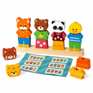 Joc Montessori din Lemn – Îmbracă și Potrivește Animalele, Puzzle Educativ de Asamblare cu Carduri de Provocare, Dezvoltă Logica, Creativitatea și Motricitatea Fină, 3+ Ani
