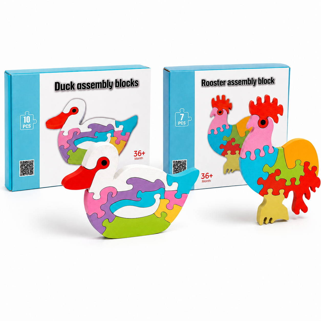Set 2 Puzzle-uri din Lemn cu Rată și Cocoș, 17 Piese, Puzzle Educativ pentru Dezvoltarea Logicii, Motricității Fine și Creativității, 3+ Ani