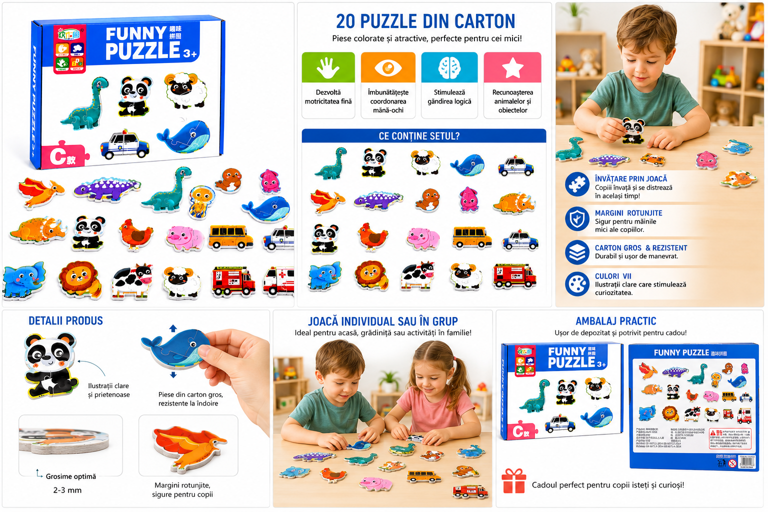 Set 20 Puzzle-uri Educative din Carton – Animale, Dinozauri, Animale Marine și Vehicule, Joc Montessori de Asociere și Învățare, Dezvoltarea Gândirii Logice și Motricității Fine, 3+ An - imagine 3