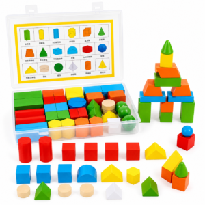 Set Montessori 38 Corpuri Geometrice din Lemn – Forme Geometrice 3D Colorate cu Cutie de Depozitare, Jucărie Educativă pentru Învățarea Formelor, Culorilor și Construcțiilor, 3+ Ani