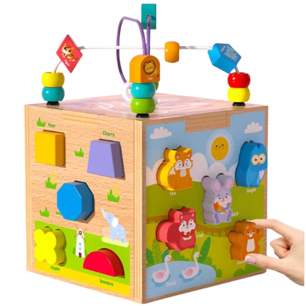 Cub Montessori Multifuncțional din Lemn 7 în 1 – Jucărie Educativă cu Sortator Forme, Puzzle Animale, Labirint cu Mărgele, Puzzle Vehicule și Activități Interactive pentru Copii 1-3 Ani - imagine 7