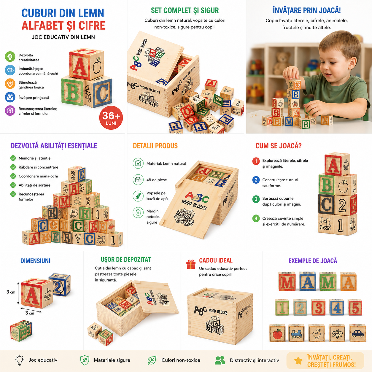 Cuburi Montessori din Lemn ABC – Set 48 Cuburi Educaționale cu Litere, Cifre, Simboluri și Ilustrații, Joc Educativ pentru Învățarea Alfabetului, Construcții și Dezvoltarea Motricitatii, 3+ - imagine 6