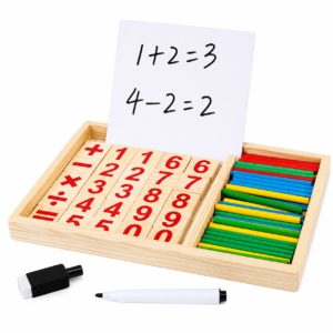 Joc Montessori din Lemn pentru Învățarea Matematicii – Set Educativ cu Cifre, Simboluri Matematice, Bețișoare de Numărat, Tablă de Scris, Marker și Burete, Joc pentru Dezvoltarea Gândirii, 3+