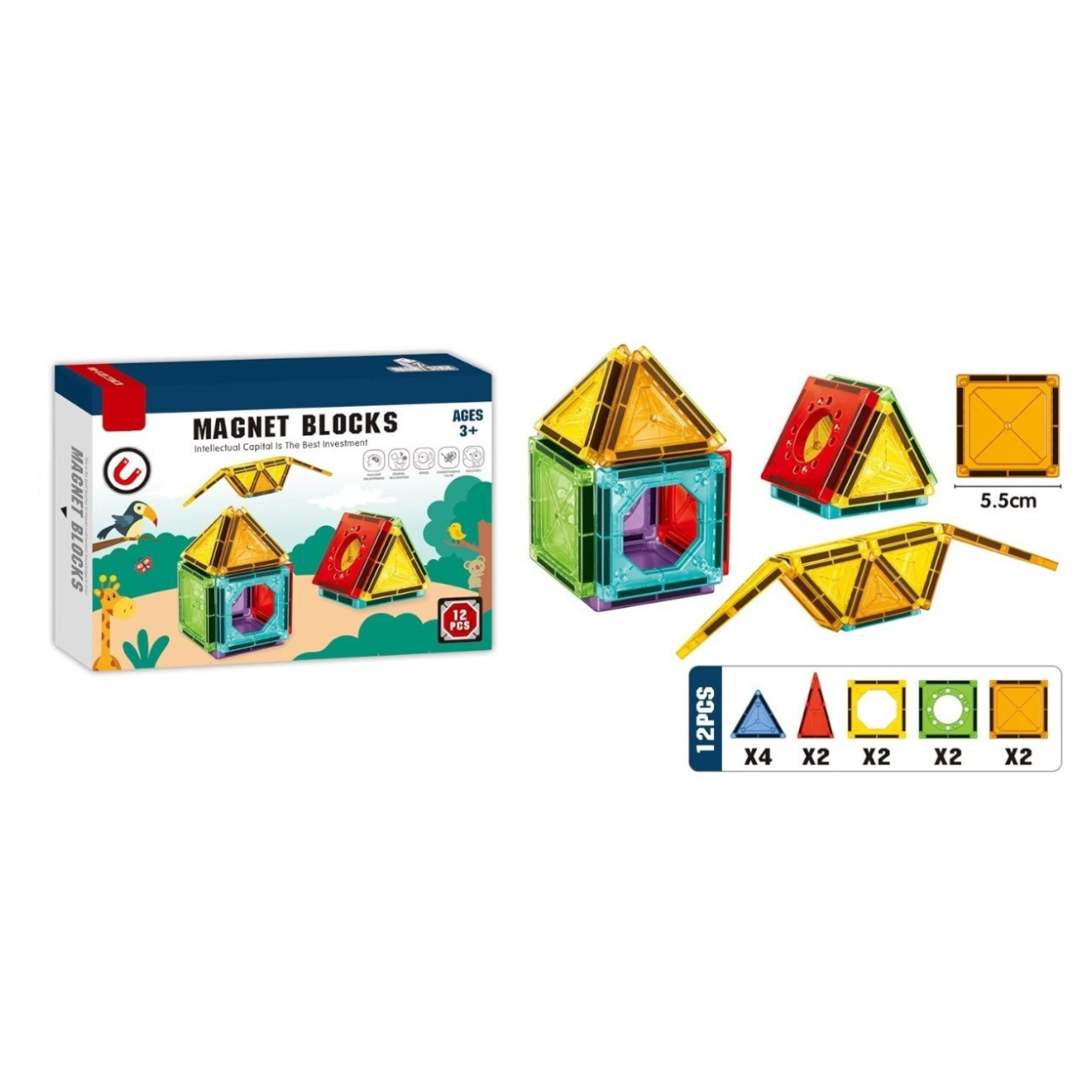 Set 12 Piese Blocuri Magnetice de Construcție 3D Montessori – Joc Educativ STEM cu Forme Geometrice, Dezvoltă Creativitatea, Gândirea Logică și Motricitatea Fină, 3+ Ani
