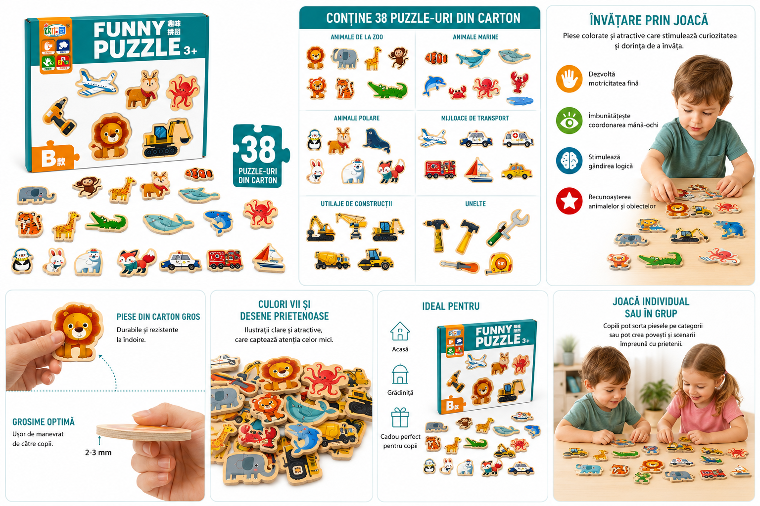 Set 38 Puzzle-uri Educative din Carton – Animale, Vehicule, Unelte și Mijloace de Transport, Joc de Asociere și Învățare pentru Copii, 3+ Ani - imagine 3