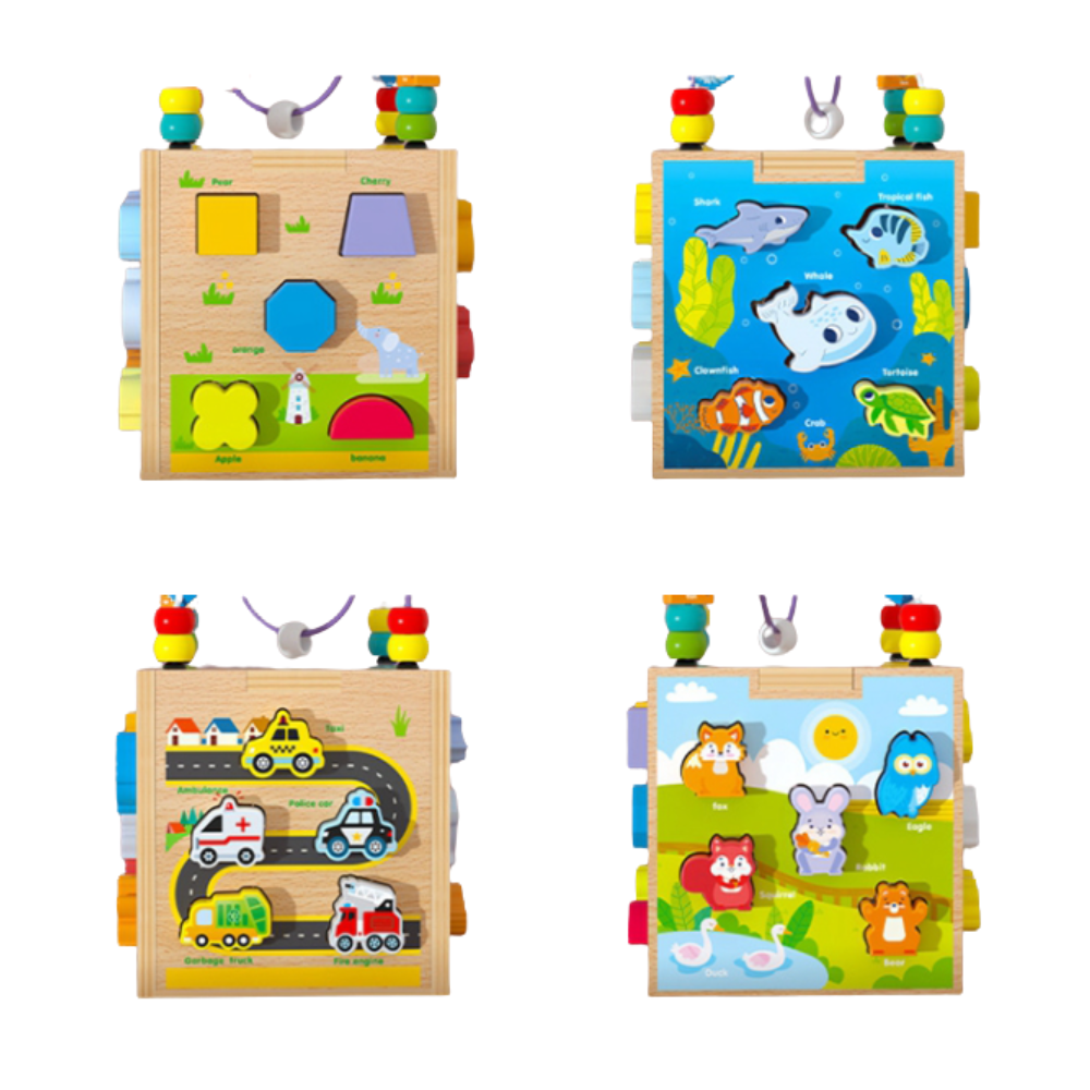 Cub Montessori Multifuncțional din Lemn 7 în 1 – Jucărie Educativă cu Sortator Forme, Puzzle Animale, Labirint cu Mărgele, Puzzle Vehicule și Activități Interactive pentru Copii 1-3 Ani - imagine 6