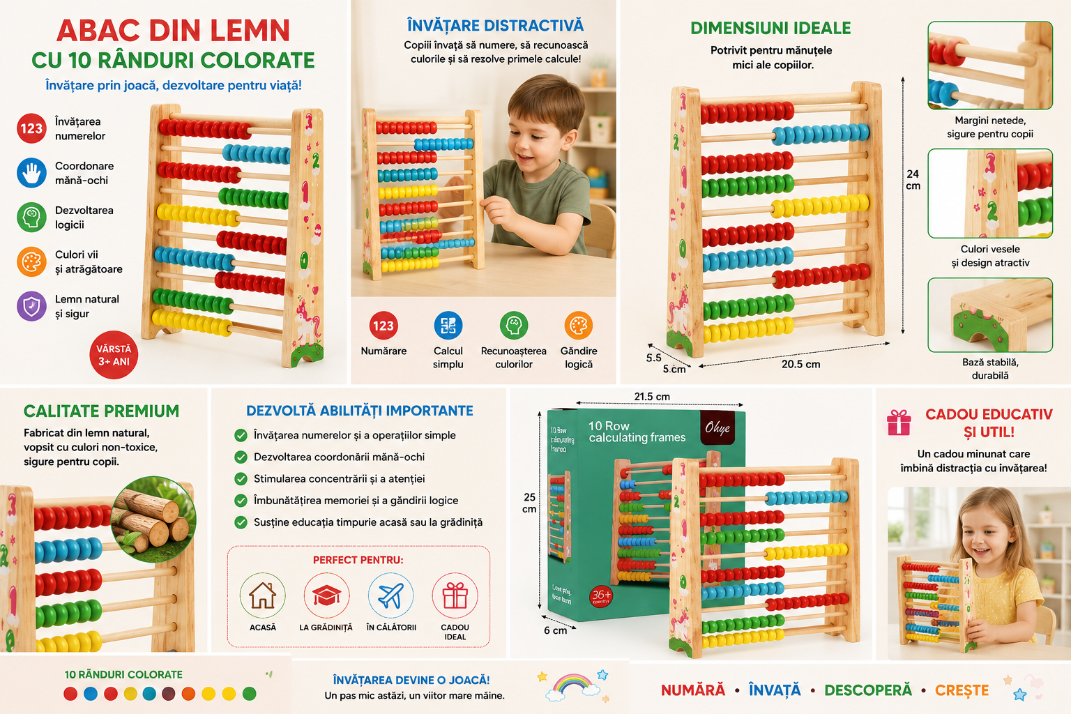 Abac Montessori din Lemn cu 100 Mărgele Colorate – Numărătoare Educativă, Jucărie pentru Învățarea Matematicii, Calculului și Numărării, 3+ Ani - imagine 3