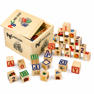 Cuburi Montessori din Lemn ABC – Set 48 Cuburi Educaționale cu Litere, Cifre, Simboluri și Ilustrații, Joc Educativ pentru Învățarea Alfabetului, Construcții și Dezvoltarea Motricitatii, 3+