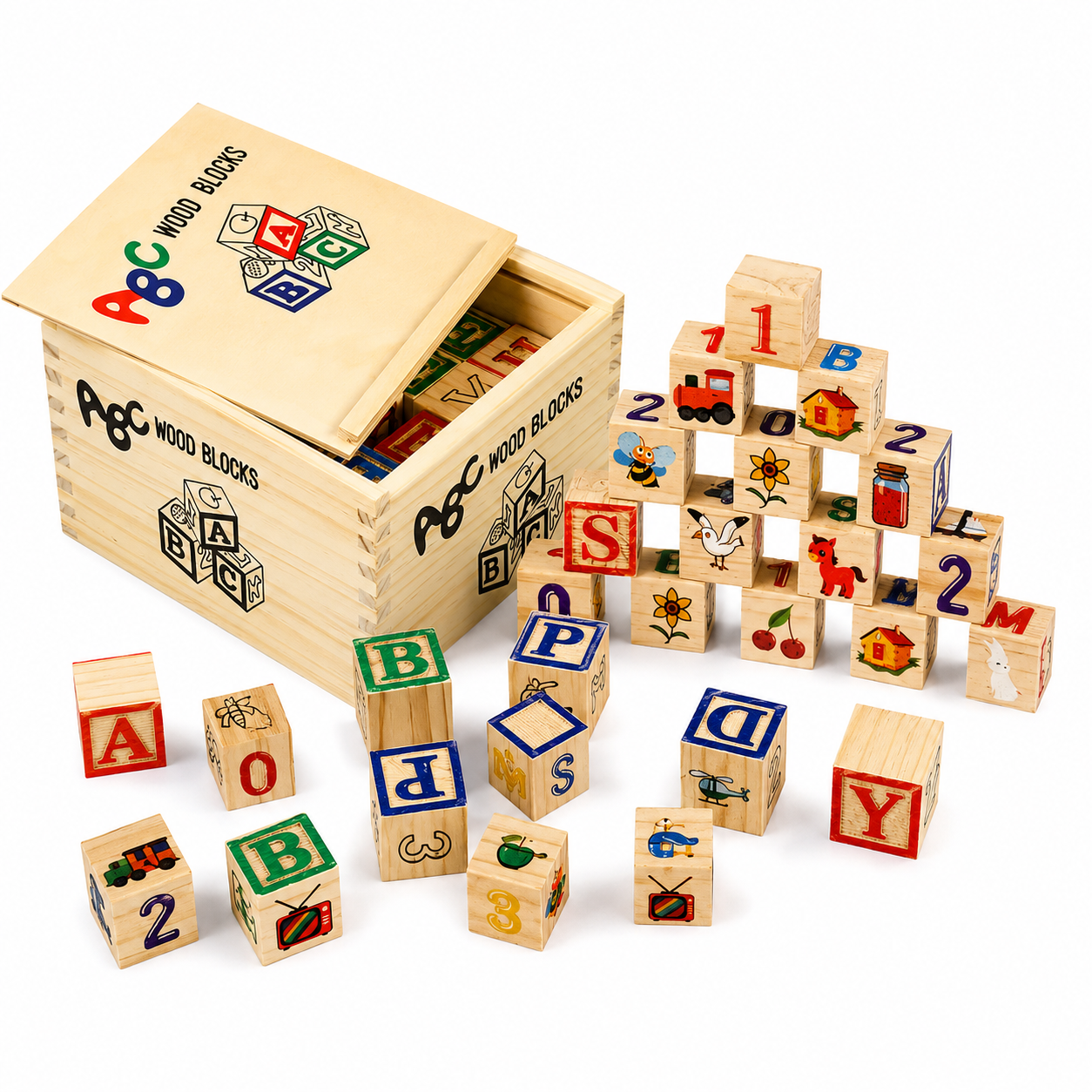 Cuburi Montessori din Lemn ABC – Set 48 Cuburi Educaționale cu Litere, Cifre, Simboluri și Ilustrații, Joc Educativ pentru Învățarea Alfabetului, Construcții și Dezvoltarea Motricitatii, 3+