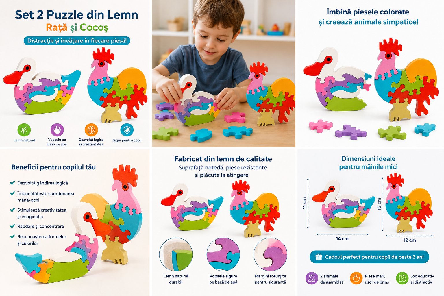Set 2 Puzzle-uri din Lemn cu Rată și Cocoș, 17 Piese, Puzzle Educativ pentru Dezvoltarea Logicii, Motricității Fine și Creativității, 3+ Ani - imagine 3