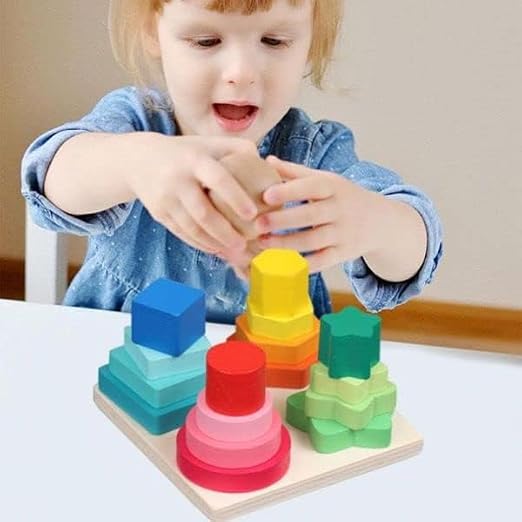 Puzzle Montessori din Lemn cu Forme Geometrice și Stivuire – Joc Educativ de Sortare Culori și Dimensiuni, Motricitate Fină, Coordonare Mână-Ochi, 3+ Ani - imagine 2