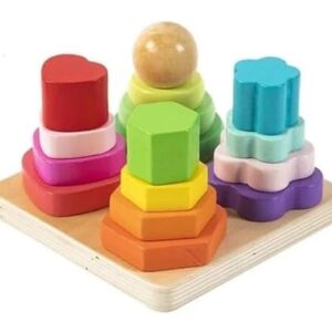 Puzzle Montessori din Lemn cu Forme Geometrice și Stivuire – Joc Educativ de Sortare Culori și Dimensiuni, Motricitate Fină, Coordonare Mână-Ochi, 3+ Ani