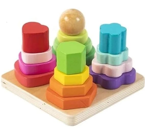 Puzzle Montessori din Lemn cu Forme Geometrice și Stivuire – Joc Educativ de Sortare Culori și Dimensiuni, Motricitate Fină, Coordonare Mână-Ochi, 3+ Ani