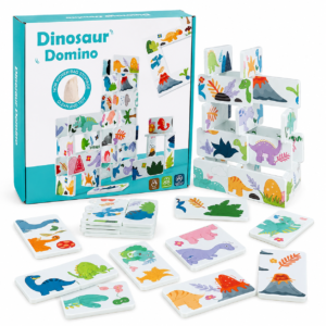 Joc Domino Montessori 2 în 1 din Lemn cu Dinozauri – 28 Piese Puzzle de Asociere, Joc Educativ pentru Logică, Construcții și Creativitate, 3+ Ani