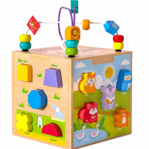 Cub Montessori Multifuncțional din Lemn 7 în 1 – Jucărie Educativă cu Sortator Forme, Puzzle Animale, Labirint cu Mărgele, Puzzle Vehicule și Activități Interactive pentru Copii 1-3 Ani