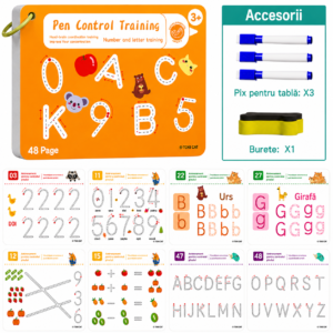 Caiet Reutilizabil Montessori pentru Exersarea Scrisului și Numerelor – 48 Pagini, 3 Carioci și Burete, Joc Educativ pentru Controlul Creionului, Litere, Cifre și Gândire Logică, 3+ Ani