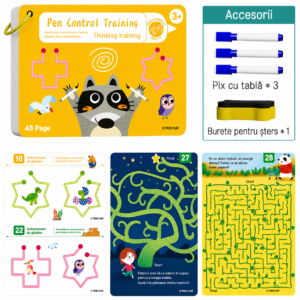 Caiet Montessori Reutilizabil pentru Gândire Logică și Concentrare – 48 Pagini, 3 Carioci și Burete, Joc Educativ cu Labirinturi, Exerciții de Observație și Atenție, 3+ Ani