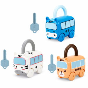 Set 3 Mașinuțe Educative cu Încuietoare și Chei – Joc Montessori pentru Învățarea Culorilor, Numerelor și Formelor, Dezvoltarea Logicii și Motricității Fine, 3+ Ani