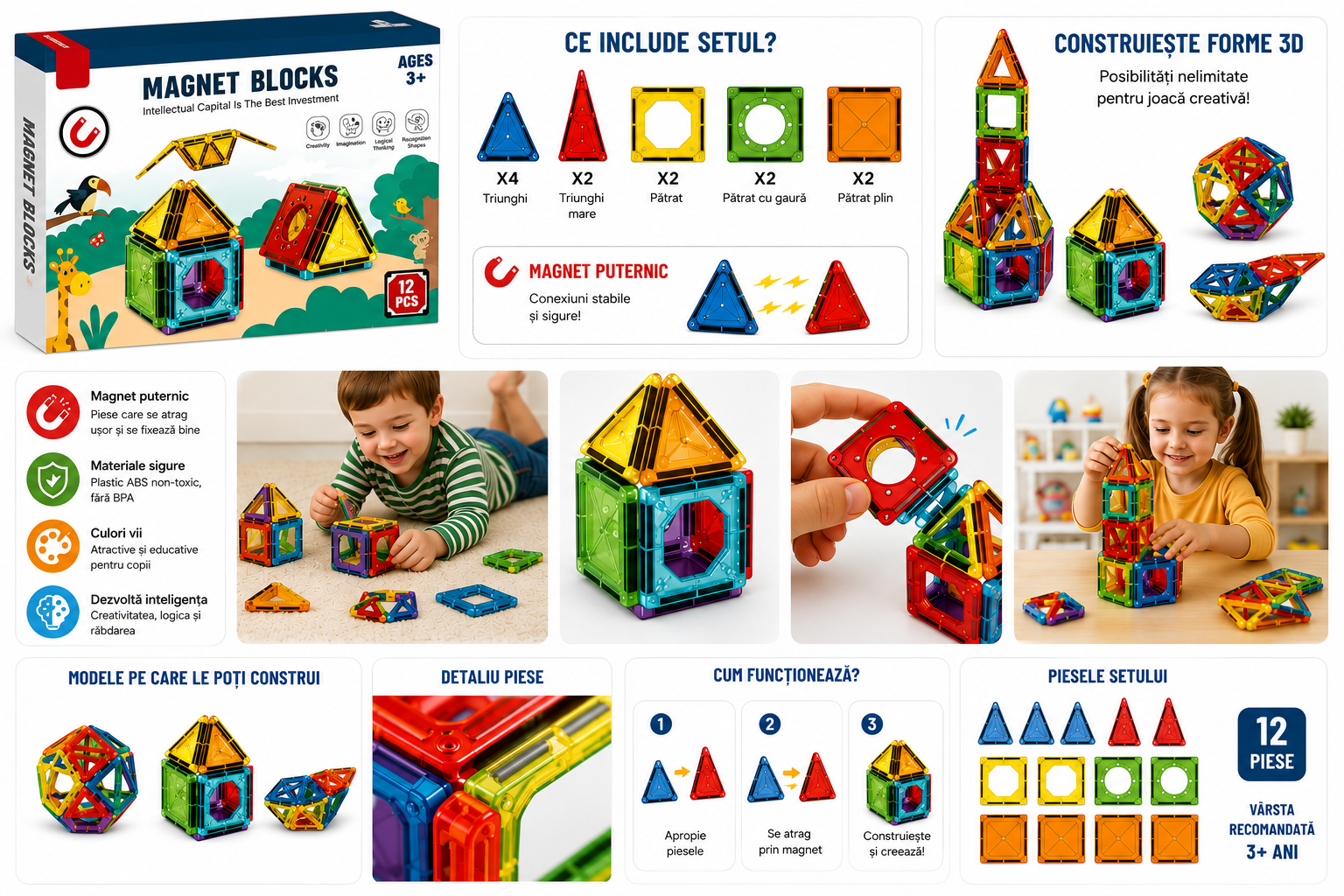 Set 12 Piese Blocuri Magnetice de Construcție 3D Montessori – Joc Educativ STEM cu Forme Geometrice, Dezvoltă Creativitatea, Gândirea Logică și Motricitatea Fină, 3+ Ani - imagine 3