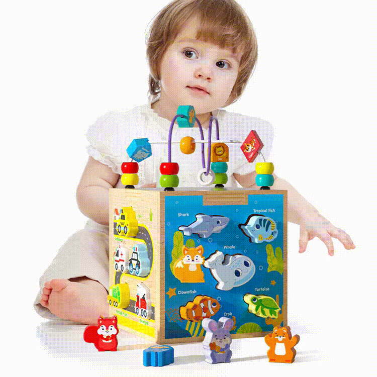 Cub Montessori Multifuncțional din Lemn 7 în 1 – Jucărie Educativă cu Sortator Forme, Puzzle Animale, Labirint cu Mărgele, Puzzle Vehicule și Activități Interactive pentru Copii 1-3 Ani - imagine 5