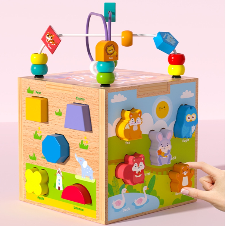 Cub Montessori Multifuncțional din Lemn 7 în 1 – Jucărie Educativă cu Sortator Forme, Puzzle Animale, Labirint cu Mărgele, Puzzle Vehicule și Activități Interactive pentru Copii 1-3 Ani - imagine 2