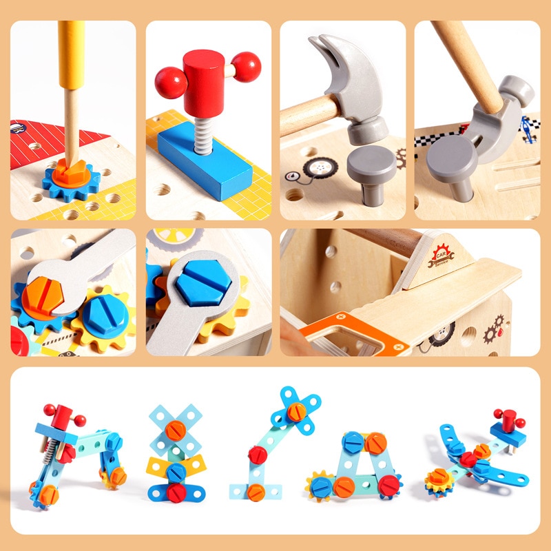 Trusă de Scule Montessori din Lemn 2 în 1 – Banc de Lucru, Cutie cu Unelte, Șuruburi, Piulițe, Ferăstrău, Ciocan și Cheie, Joc Educativ pentru Dezvoltarea Motricității, 3+ Ani - imagine 2