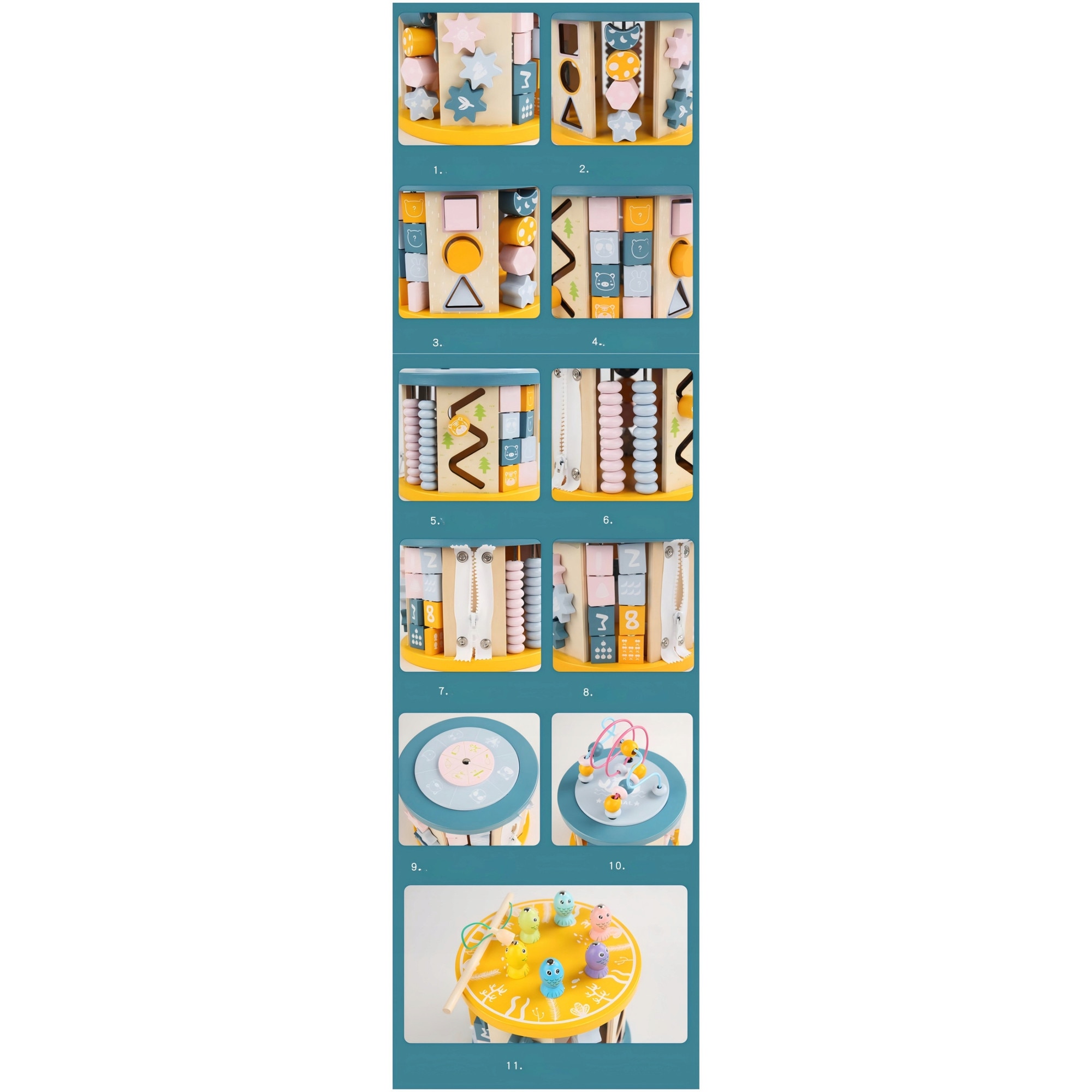 Centru de Activități Montessori 8 în 1 din Lemn – Cub Educativ Rotativ cu Sortator Forme, Labirint cu Mărgele, Pescuit Magnetic, Numărătoare, Puzzle și Joc Senzorial, 18+ Luni - imagine 2