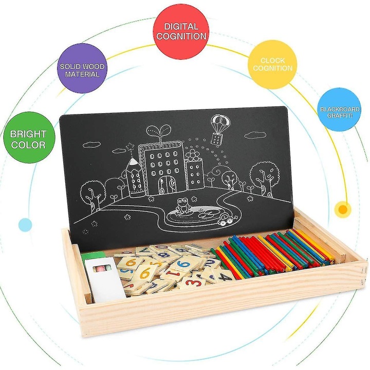 Tablă Montessori Multifuncțională din Lemn pentru Învățarea Matematicii – Joc Educativ cu Cifre, Bețișoare de Numărat, Ceas, Tablă de Scris, Operații Matematice și Marker, 3+ Ani - imagine 7