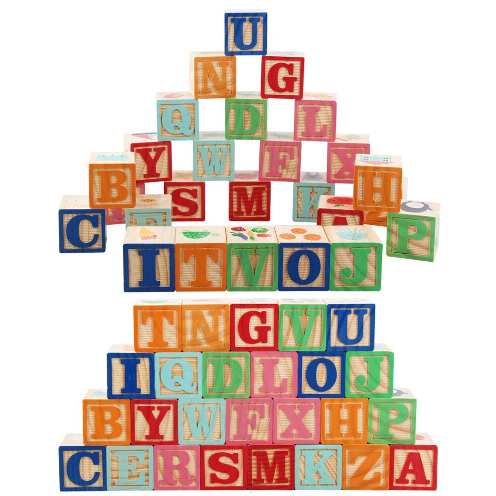Cuburi Montessori din Lemn ABC – Set 48 Cuburi Educaționale cu Litere, Cifre, Simboluri și Ilustrații, Joc Educativ pentru Învățarea Alfabetului, Construcții și Dezvoltarea Motricitatii, 3+ - imagine 4