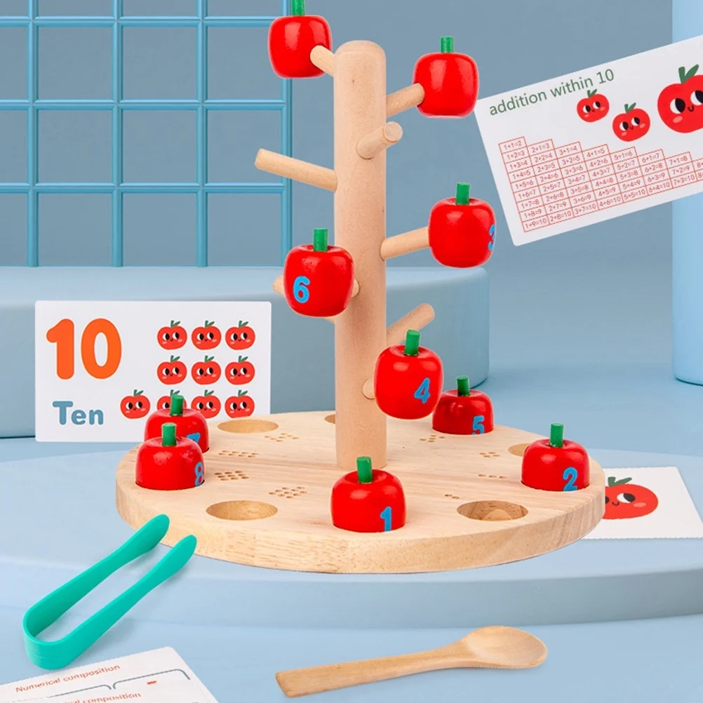 Joc Montessori din Lemn – Pomul Numeric cu Mere Magnetice, Pensetă și Lingură, Învățarea Numerelor 1-10, Sortare, Numărare și Motricitate Fină, Jucărie Educativă 3+ Ani - imagine 5