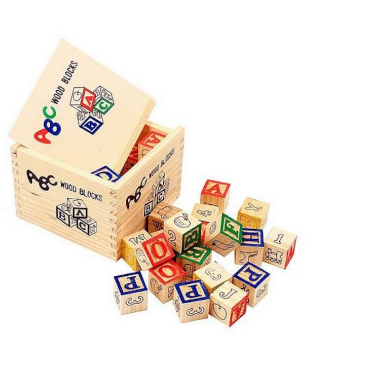 Cuburi Montessori din Lemn ABC – Set 48 Cuburi Educaționale cu Litere, Cifre, Simboluri și Ilustrații, Joc Educativ pentru Învățarea Alfabetului, Construcții și Dezvoltarea Motricitatii, 3+ - imagine 2